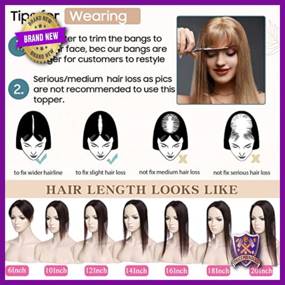 Silk Base Human Hair Topper with Bangs, 10 Inch, 130% Density Clip-In main image 6